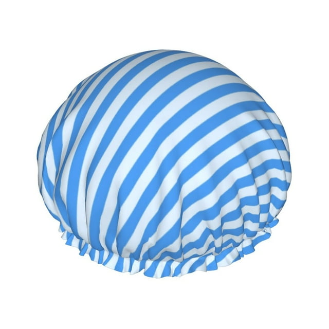 YFYANG Femmes Double Imperméable Shower Cap, Classique Bleu Rayures Cheveux Réutilisables Cap pour Tous les Styles de Cheveux et les Tailles de Tête