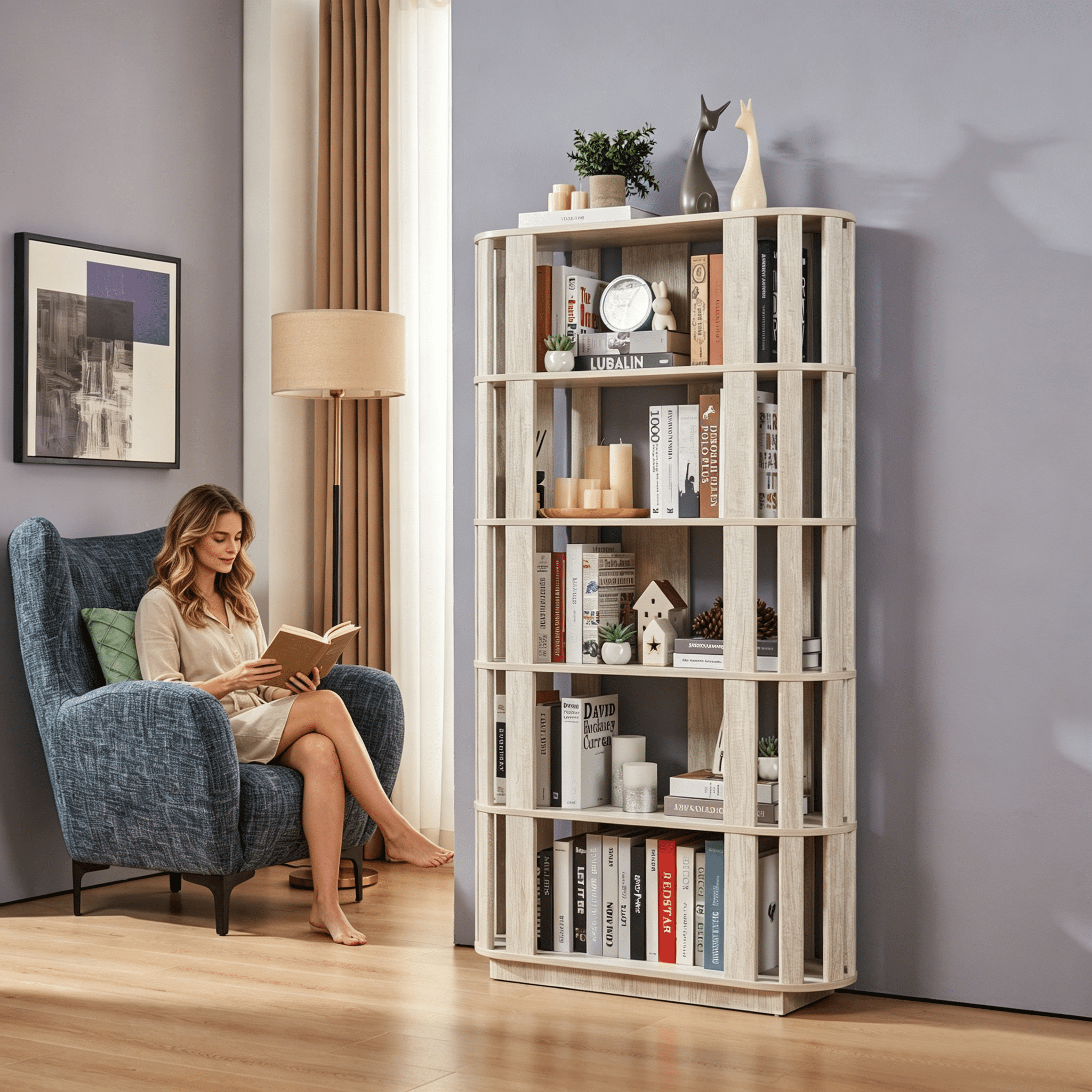 Wooden Oval Open Bookshelf, MDF Grid Frame Freestanding Bookcase, 5-Tier Easy Assembly Storage Display Rack for Living Room Home Office Decor, DIY Free Combination Storage Cabinet Study Room