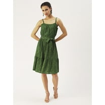 DressBerry Women’s Printed Viscose Rayon Square Neckline Dress Strappy Light Weighted Sleeveless Knee Length Party Wear Casual Summer Dress