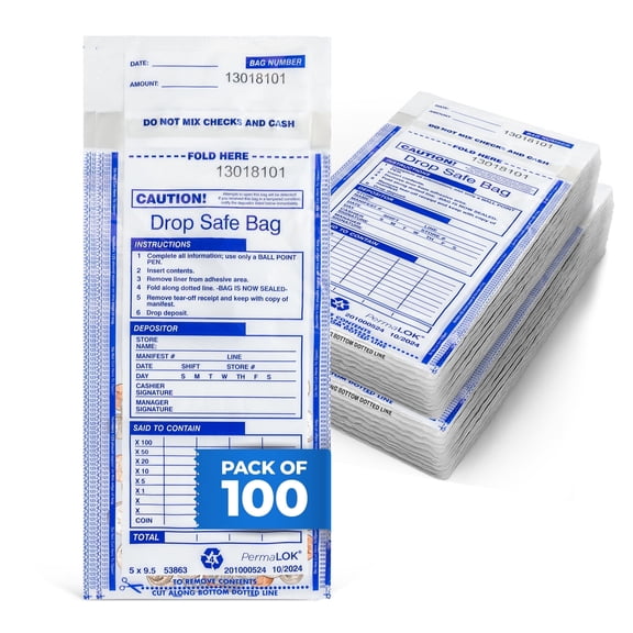 ABC FREEZFraud Coin Money Drop Safe Style Bank Deposit Bags, 5 x 9 1/2", Clear (100 Bags)