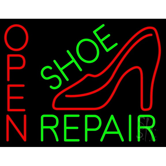 Green Shoe Repair With Sandal Open LED Neon Sign 15 x 19 - inches, Black Square Cut Acrylic Backing, with Dimmer - Bright and Premium built indoor LED Neon Sign for store interior Décor, Storefront.