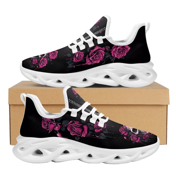 Nueva tendencia, zapatillas para correr para mujeres y hombres adolescentes, zapatillas vintage con diseño de calavera floral y malla acolchada, calzado para caminar bajo y poco profundo.