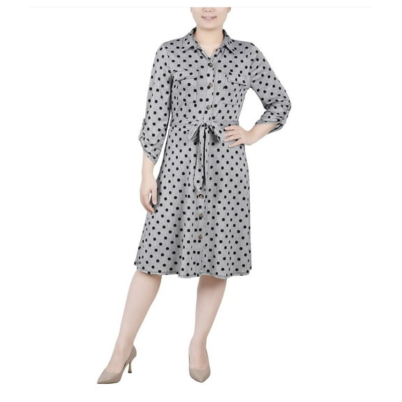 NY Collection Women's 3/4 Sleeve Roll Tab Shirtdress Petite Size PS