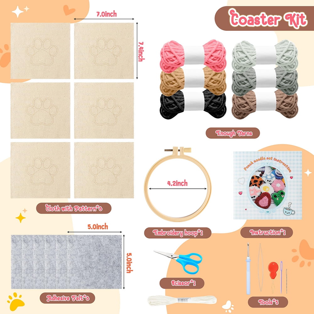 Belanttega Cat Paw Pattern Craft Punch Needle Kit Handmade Coaster Kits for DIY Art Craft Beginners Felt Yarns Embroidery Hoop with Instructions Ideal Gift for Desktop Decoration And Heat Insulation