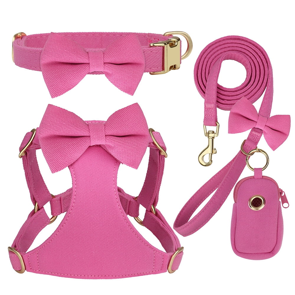 Pet Artist 4pcs Cute Bowtie Dog Harness and Collar and Leash and Poo Bag Holder Adjustable Pet Puppy Cat Vest