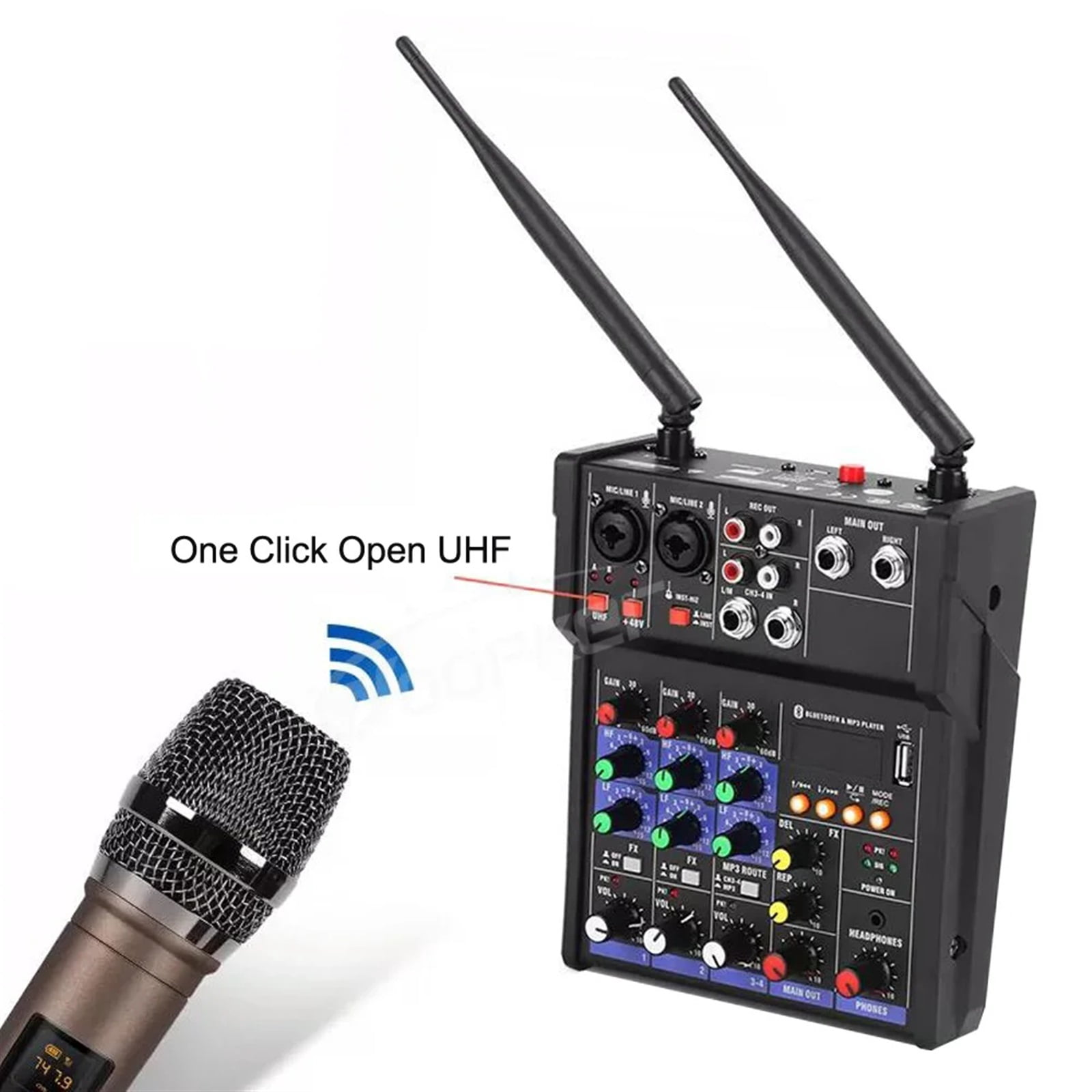 Woopker 4-Channel Audio Mixer Console with Wireless Microphone Sound Mixing USB input DJ Mixer ,Precision Control