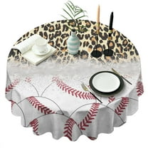 Leopard Print and Baseballs Pattern Round Tablecloth 60"x60",Wrinkle Wipeable Table Cloth for Kitchen Dining Room Picnic Patio Party