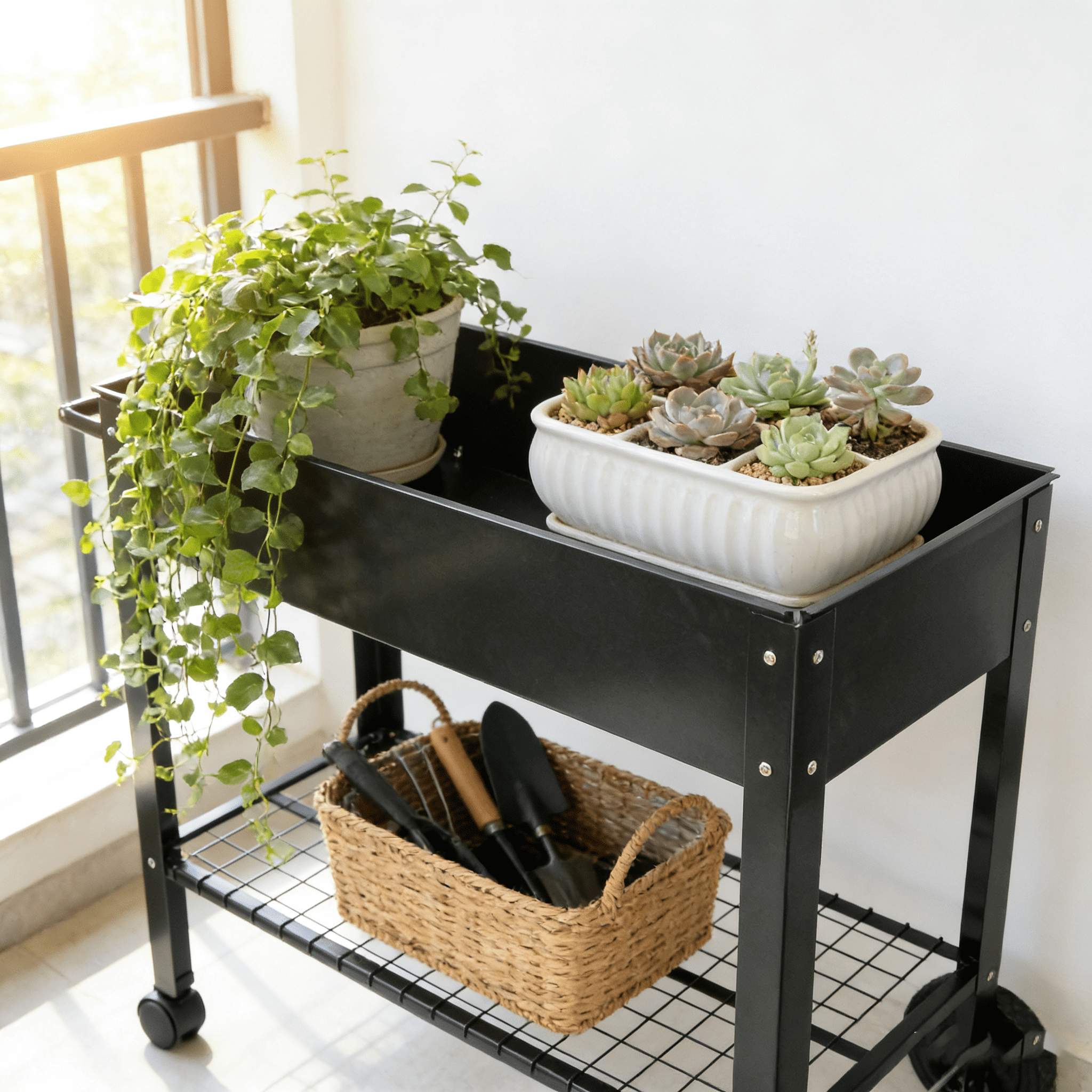 Metal Raised Garden Bed with Legs & Wheels, Elevated Planter Box with Drainage, 200LB Capacity Herb Vegetable Planter for Indoor Outdoor Patio Backyard