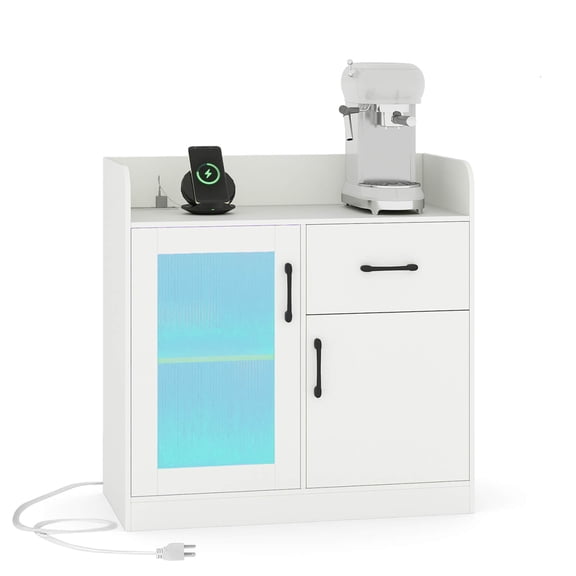 Costway LED Buffet Sideboard with Charging Station Drawer Translucent Fluted Door, White White