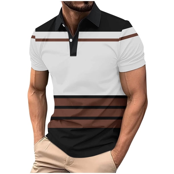 Mens Casual de Manga Corta Botón Abajo Camisas Raya Impresa Blusa Deportiva, Camisa Del Botón Del Cuello de Vuelta