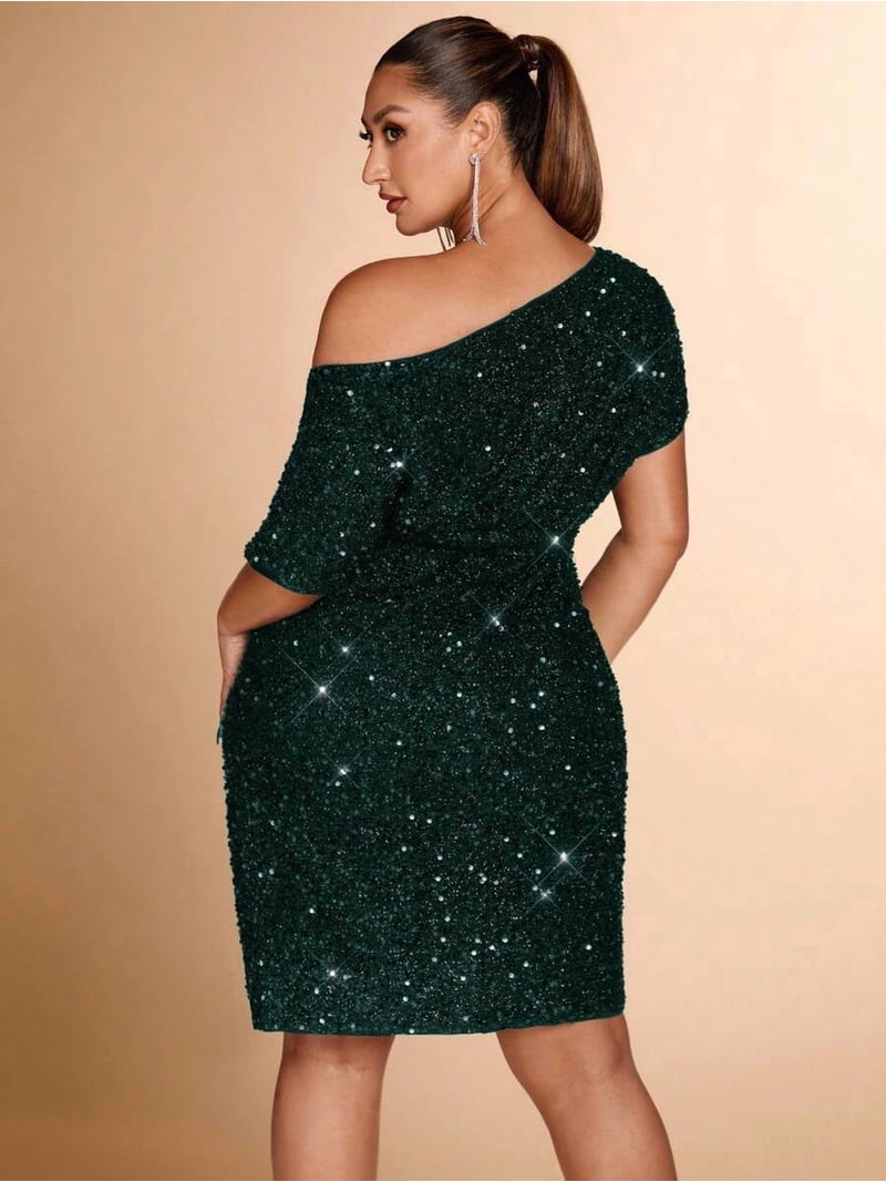dark green sequin mini dress Off-Shoulder Glitter With Waist Tie For Party Evening Wear Sequin lace Blue And Gold Quinceanera Inseam Inches:40 95% Polyester MLINE20_5