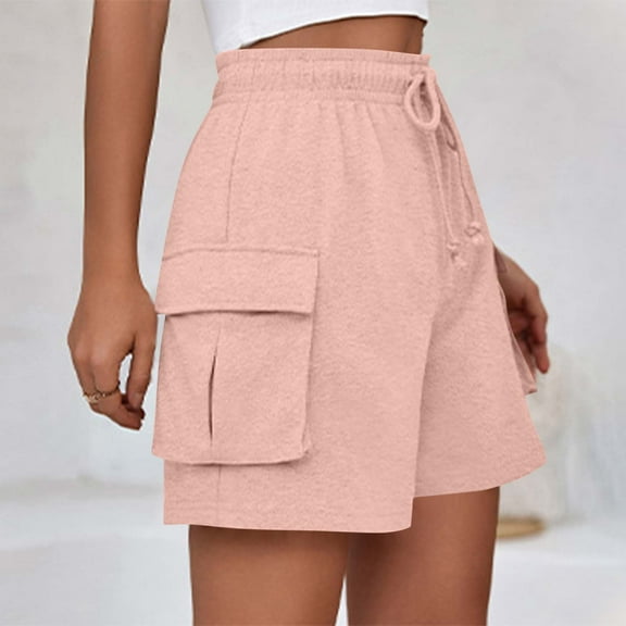 Ndbuld Womens Short Shorts for Women Women's Fashion Solid Color Elastic Waist Drawstring Pocket Shorts Pink M