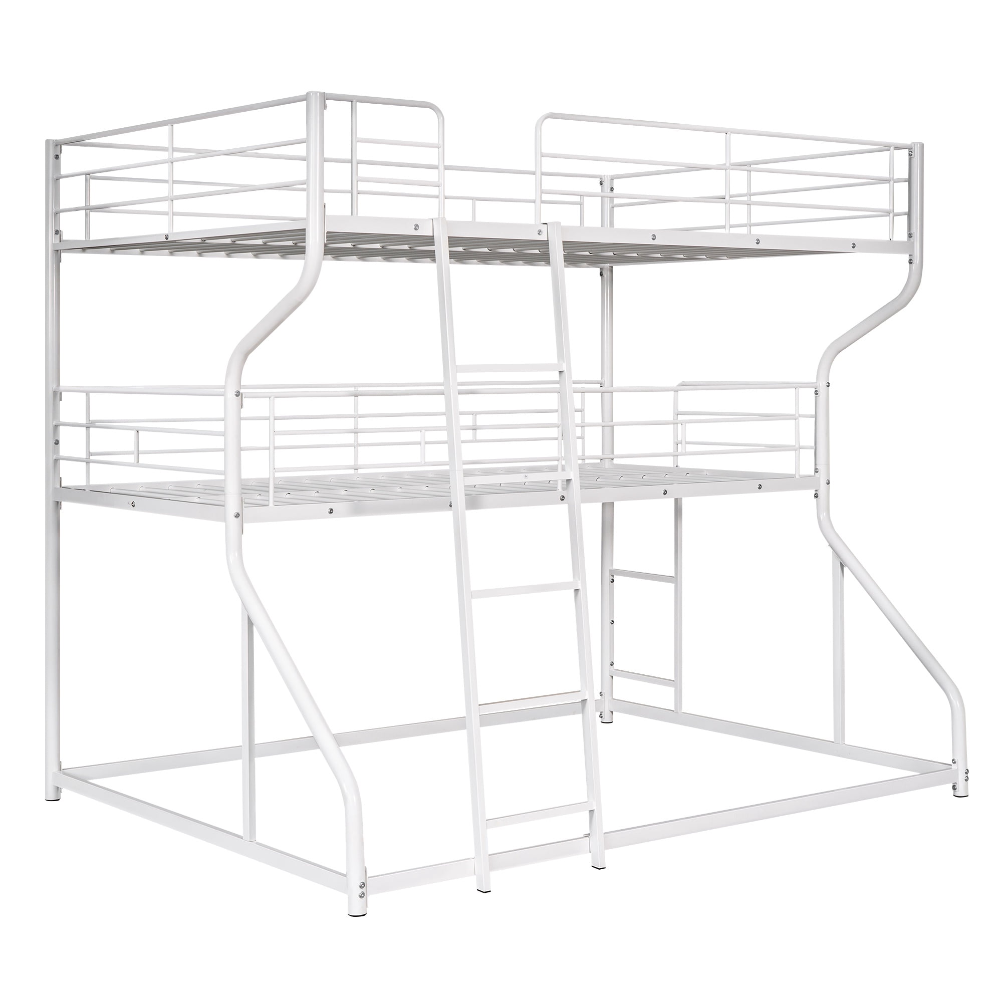 PORKISS Full XL over Twin XL over Queen Triple Bunk Bed, Metal Bunk Bed with Long and Short Ladder for Kids Teens Adults, No Box Spring Needed, White