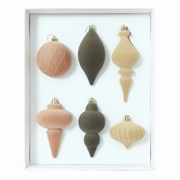 Adornos Navideños Asimétricos de Terciopelo Moca (Paquete de 6) | Bolas Decorativas de Flocado Suave para Decorar El Árbol | Decoraciones Navideñas Versátiles para Coronas, Guirnaldas y Centros de Me
