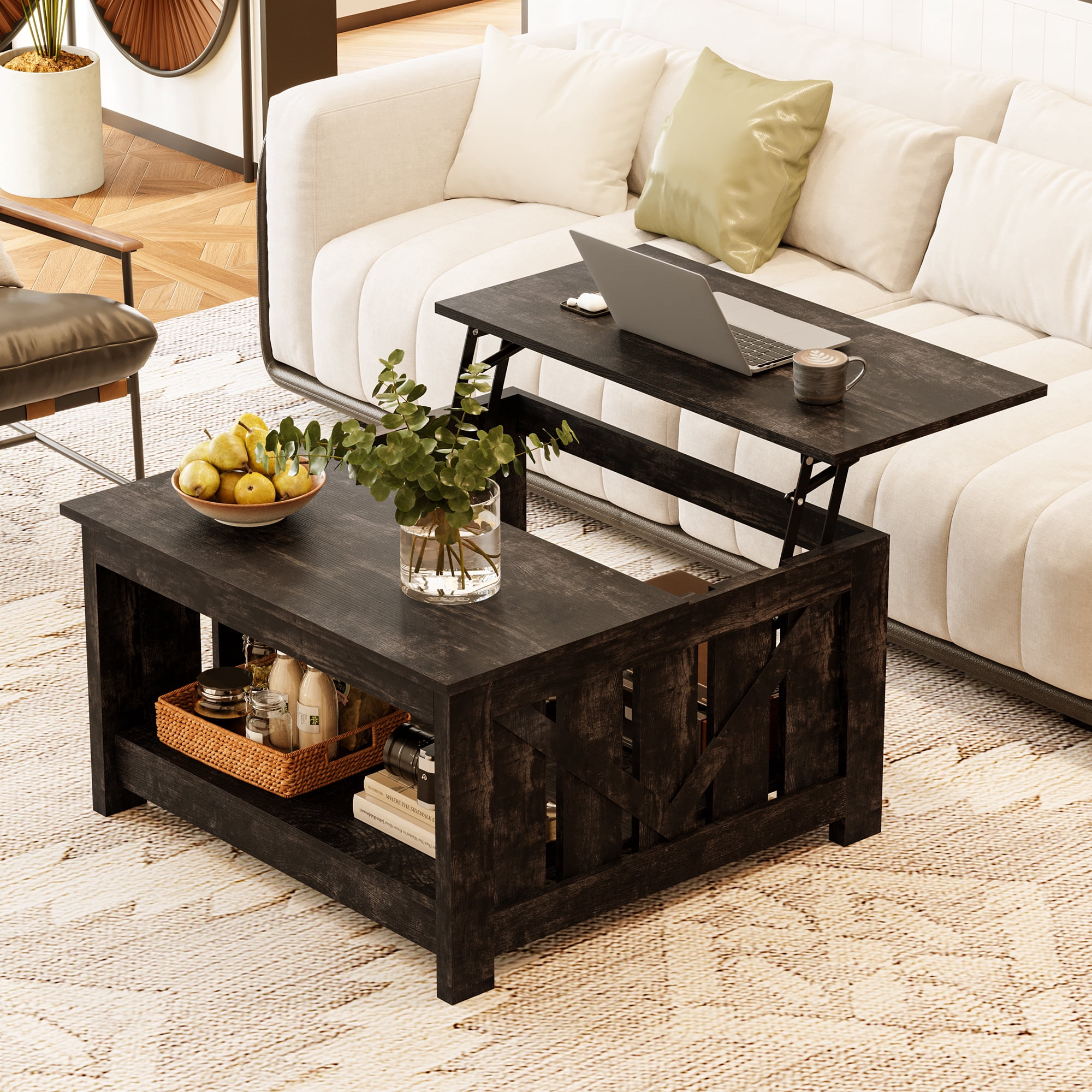 GUNAITO Lift Top Coffee Table with Storage Cabinet and 2 Compartments for Living Room, Black , 31.5''Hx31.5''W in