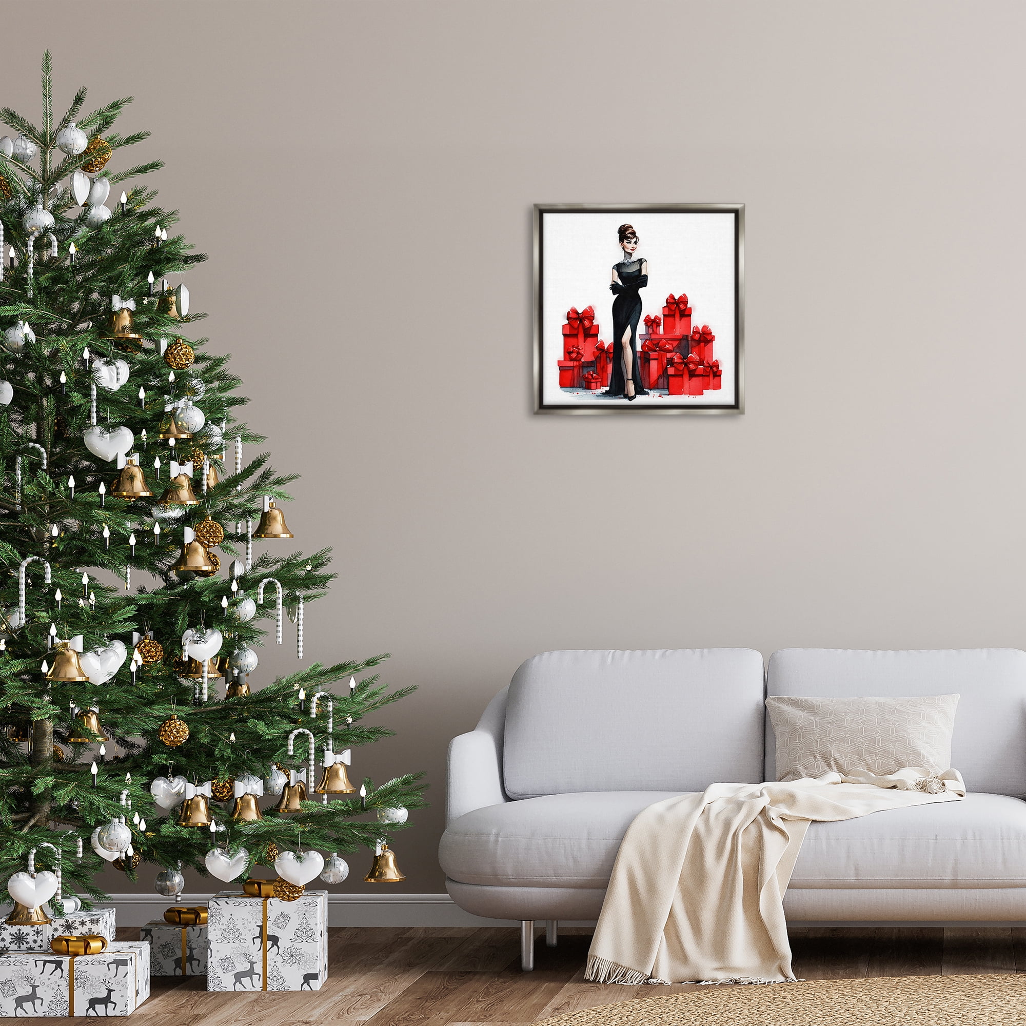 Stupell Industries Elegant Woman & Gifts Holiday Painting Gray Floater Framed Canvas Art Prints Wall Art, 25 x 25