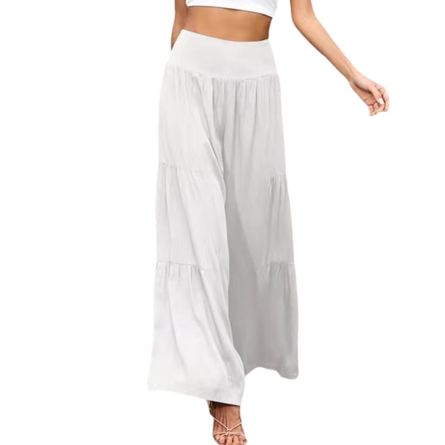 MAWCLOS Pantalon Palazzo Large Taille Haute pour Femmes, Blanc, L