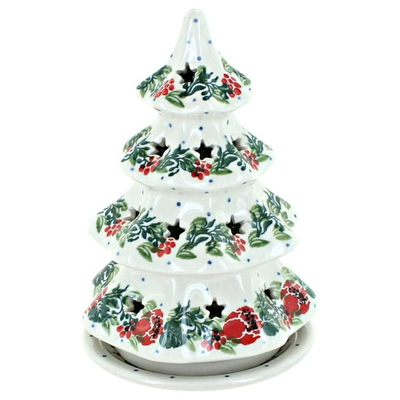 Blue Rose Polish Pottery Holiday Flower Small Christmas Tree Luminary