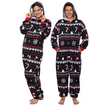

FUNZIEZ! Candy Cane Print One Piece Holiday Pajama Costume Slim Fit Festive Jumpsuit - Black - X-Large