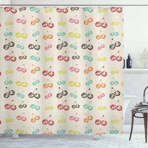 Cherry Shower Curtain, Colorful Digital Fruits Fresh Organic Harvest Season Elements, Fabric Bathroom Set with Hooks, 69W X 70L Inches, Pale Eggshell and Multicolor, by Ambesonne