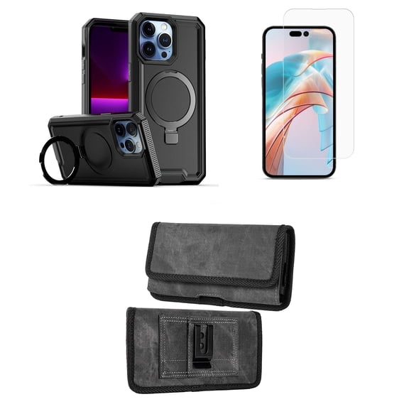Bemz Case for iPhone 15 Plus with Slim Heavy-Duty Armor Defender Wireless Charger Magnetic Kickstand Cover, Screen Protector, Horizontal Nylon Belt Holster Pouch (Black)