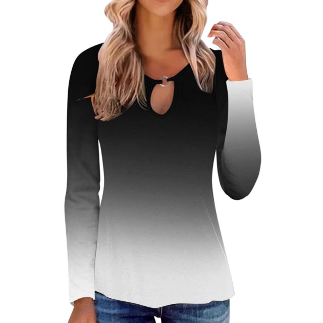 Tops de Otoño Para Mujer, Camisetas Informales Con Estampado Degradado, Blusas de Manga Larga Con Cuello Redondo Odeerbi ODB178922
