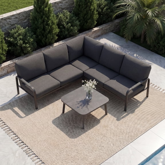 CozyJoy Aluminum Outdoor Corner Sofa Set with Coffee Table – Rattan Backrest Patio Lounge Furniture for Courtyard and Balcony ,Grey