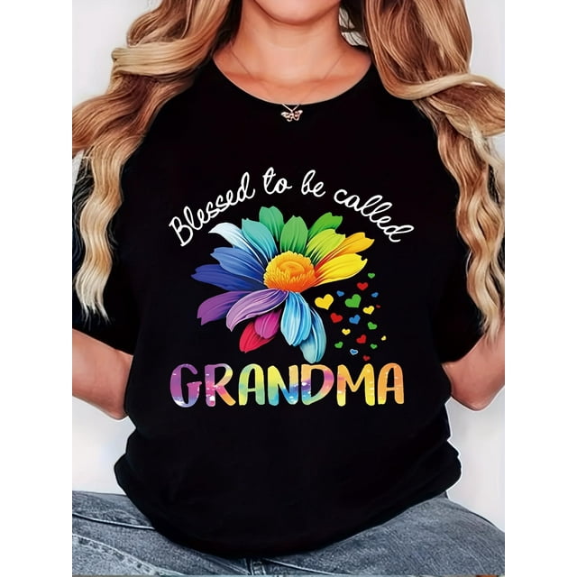 Women'S T-shirt, "GRANDMA Seven-color Flower" Print, Retro Simple Fashion, Round Neck, Casual And Comfortable, Sporty Short-sleeved T-shirt