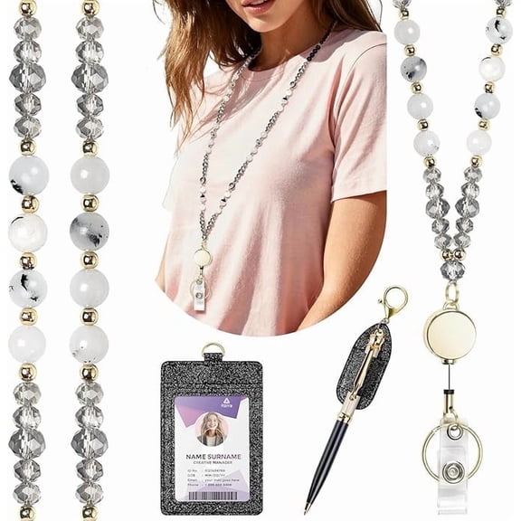 Azrra Natural Stone Beaded Retractable Badge Lanyard with Bling ID Badge Holder and Pen Holder, Cute Teacher Lanyard Necklace for Women
