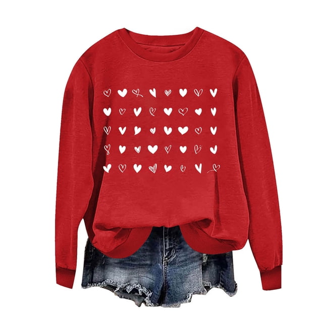 Penkiiy Chandail en Molleton Imprimé Cœur pour Femmes Manches Longues Col Rond Décontracté Ample Vintage Amour Graphique Chandail m Rouge