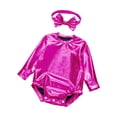 thumbnail image 3 of Hansber Toddler Baby Girls Shiny Metallic Long Sleeve Romper with Bow Headband for Birthday Party Outfit Hot Pink 12-18M, 3 of 7