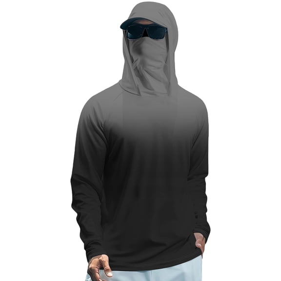 Mens Uv Sun Hoodie with Thumb Holes Solid Gradient Sun Protection Hoodie Shirt UPF 50 Long Sleeve Uv SPF T-Shirts L Dark Gray