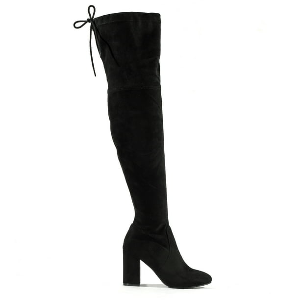 Tie Back Chunky Heeled Over The Knee Women's Boots in Black