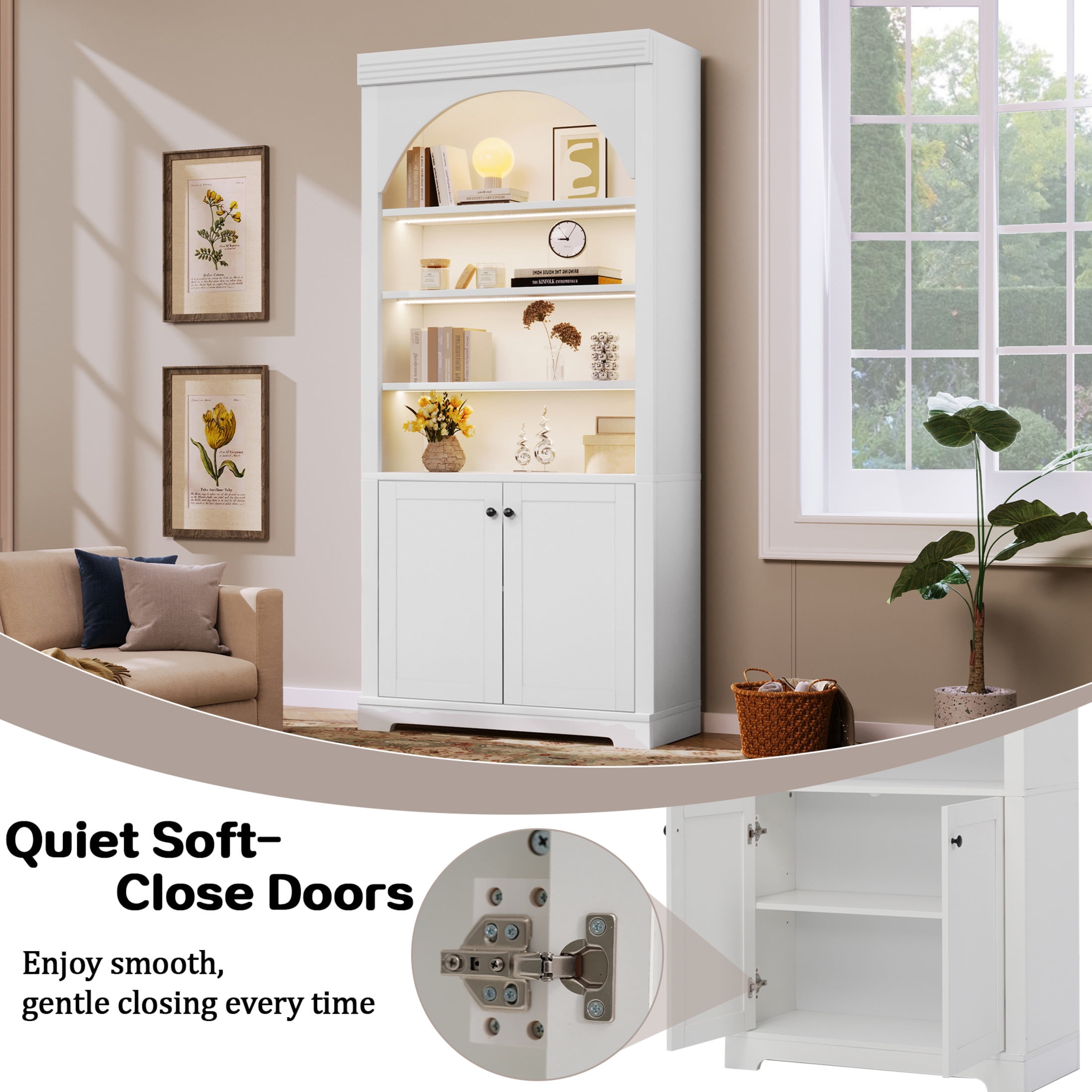 GDF Studio Arbor Arched Bookshelf with LED Lighting, Storage Cabinet & Adjustable Shelves for Home Office, White