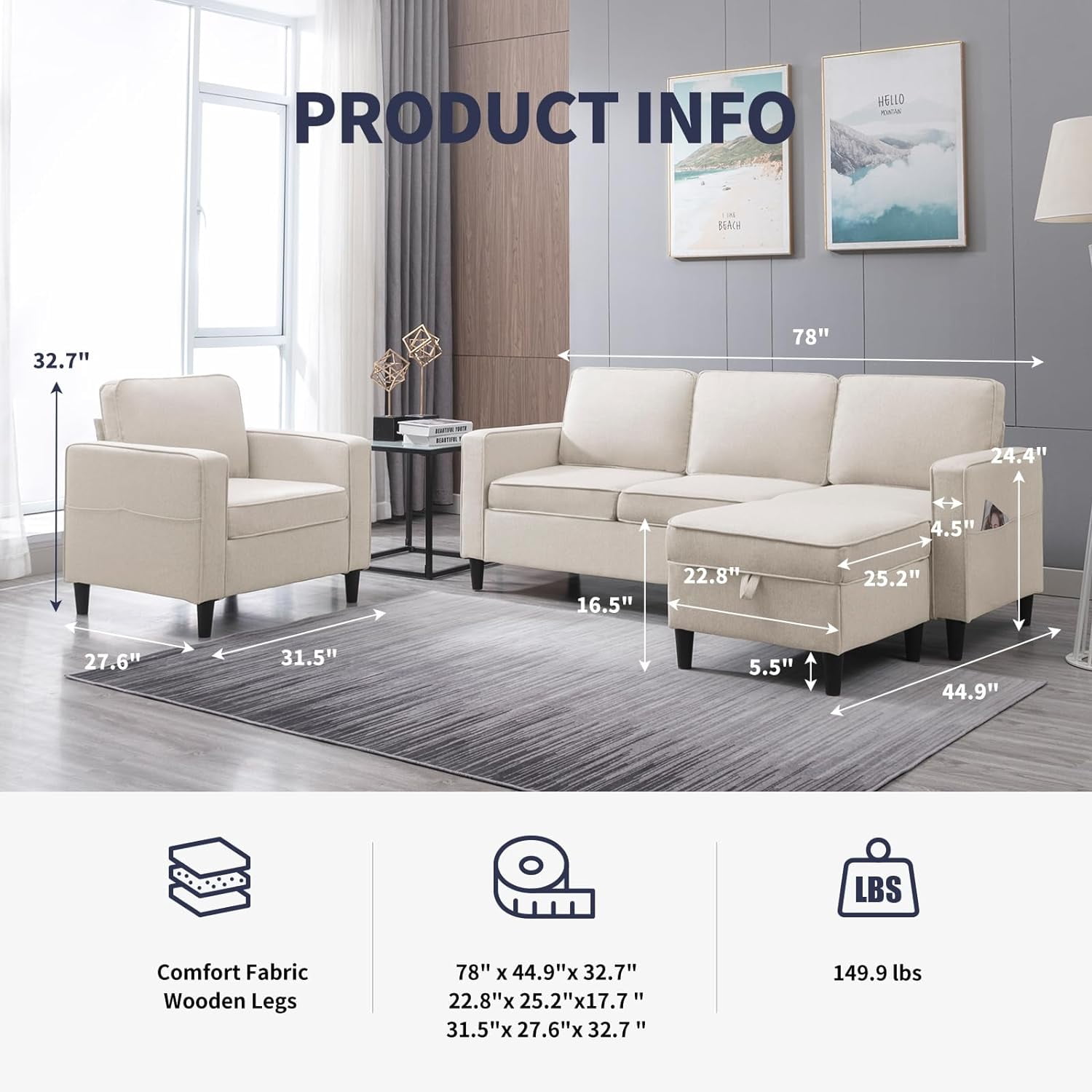 ijuicy Sectional Sofa Set,2PCS Living Room Furniture Couch Sets with Movable Storage Ottoman & Side Pockets,Include Sofa,Chair,Beige