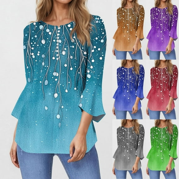 QATAINLAV Womens 3/4 Bell Sleeve Shirts Trendy Boho Print Pleated Pullover Tunics Casual Button Down Henley Shirt 2025 Holiday Going Out Tops Vacation Sales Gold S
