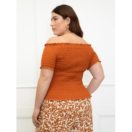 ELOQUII Elements Women's Plus Size Smocked Off The Shoulder Tee