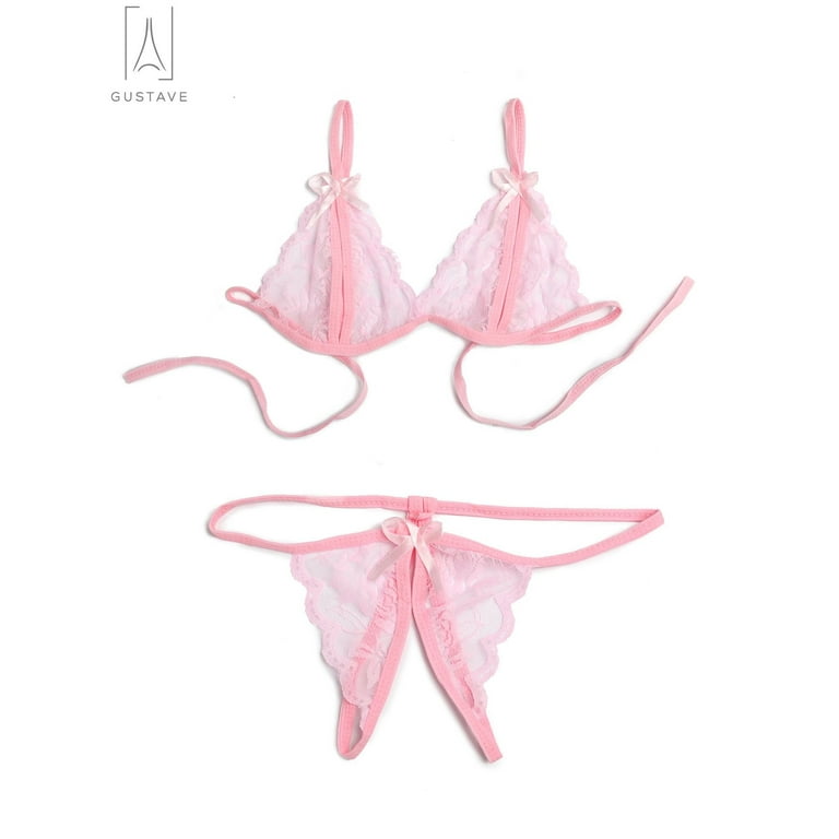 Gustavedesign Sexy Lingerie Women Underwear Babydoll Sleepwear Lace Bra  Panties G-string Set Hollow Out Nightwear Pink, Size L/XL 