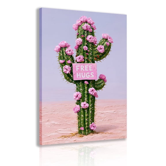 "Free Hugs" Cactus Quote Canvas Painting, Fun Desert Wall Decoration, Pink Cactus Print, Humorous Art, Suitable for Bohemian Home Decor Poster Frame