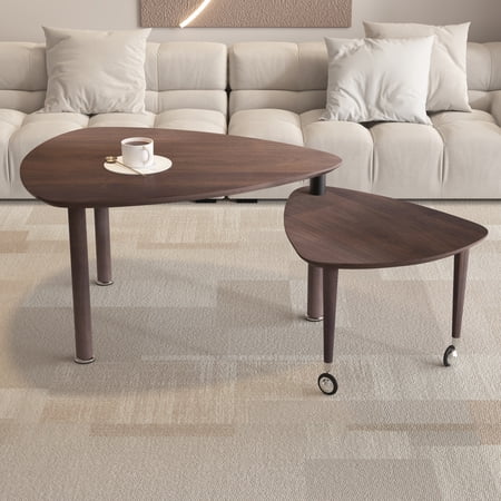 360-Degree Rotating Modern Coffee Table for Living Room Walnut Finish with Solid Wood Legs and Hidden Nesting Table - Oval Cocktail Table Easy Assembly Living Room Furniture