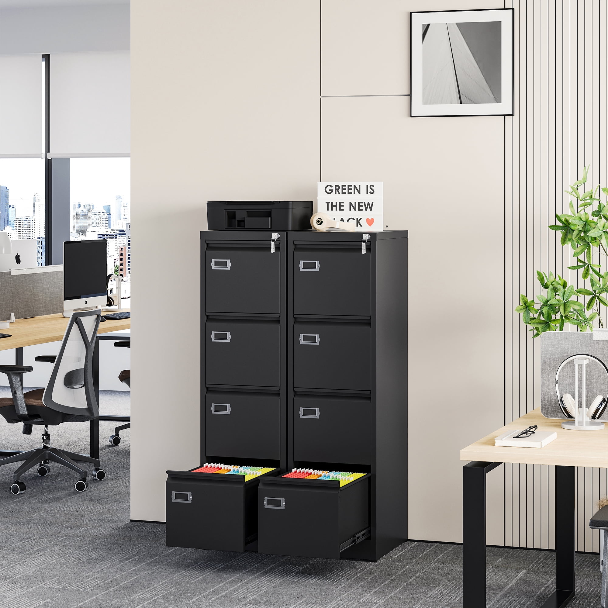 AUHUP 4 Drawer Metal File Cabinet with Lock, Black Vertical Filing Storage Cabinet for Home Office