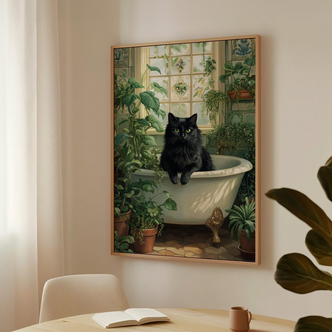 Black Cat Greenhouse Art – Botanical Vintage Print – Cozy Cottagecore Decor – Elegant Feline Portrait – Rustic Garden Wall Art Wall Art Modern Wall Decor 8x12 UNFRAMED