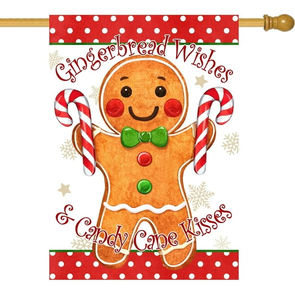 SM-XLHN Christmas Gingerbread Wishes and Candy Cane Kisses Decorative Burlap Garden Flag, Xmas Home Yard Small Outdoor Decor, Winter Outside Decoration Double Sided 12 x 18