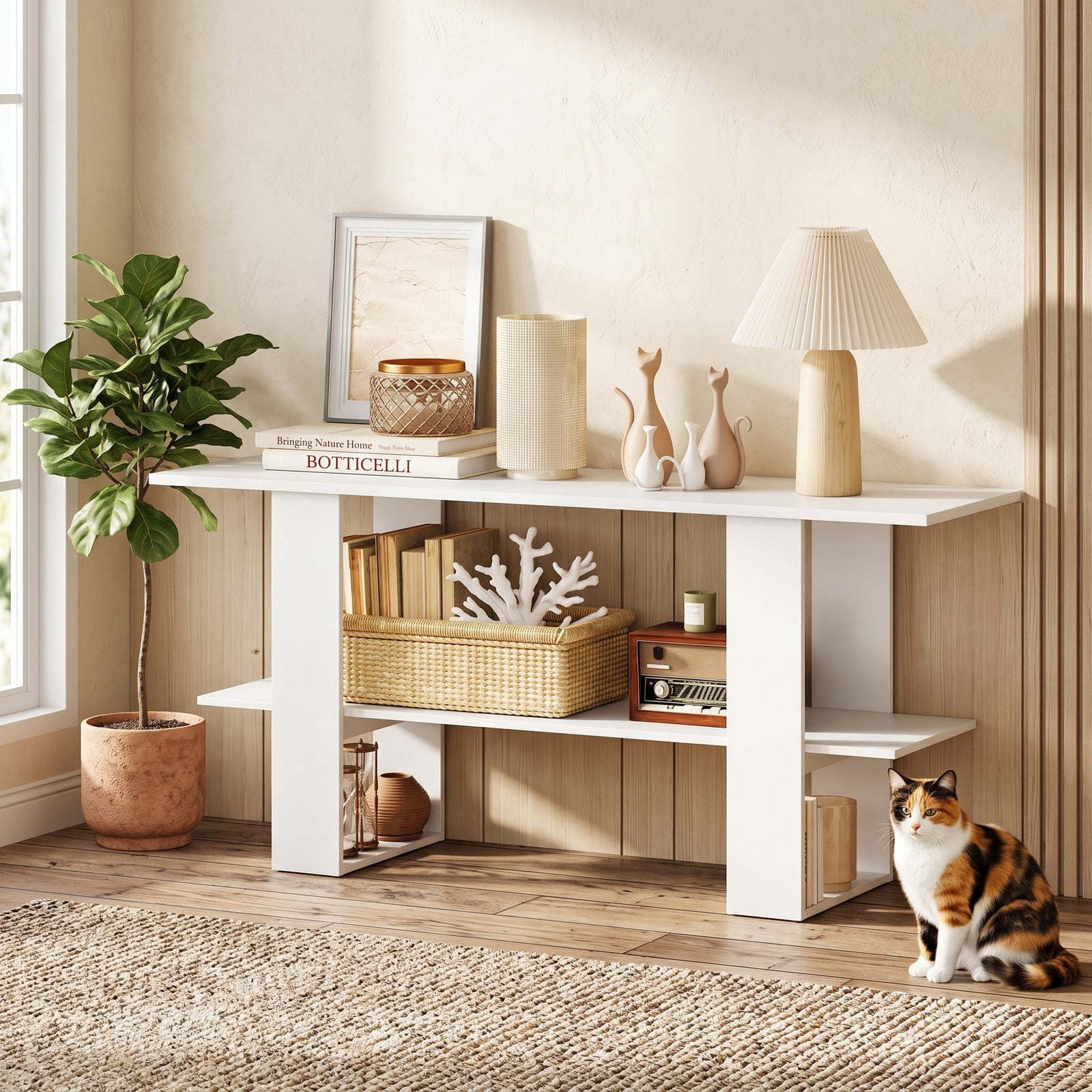 Furnibear 2-Tier TV Stand for TVs up to 55 Inch, Wood Entertainment Center Console Table with Open Storage Shelf, Media Cabinet for Living Room Bedroom, White