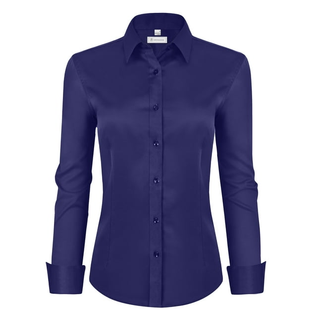 Camisa de vestir Siliteelon para mujer, manga larga, con botones, azul marino