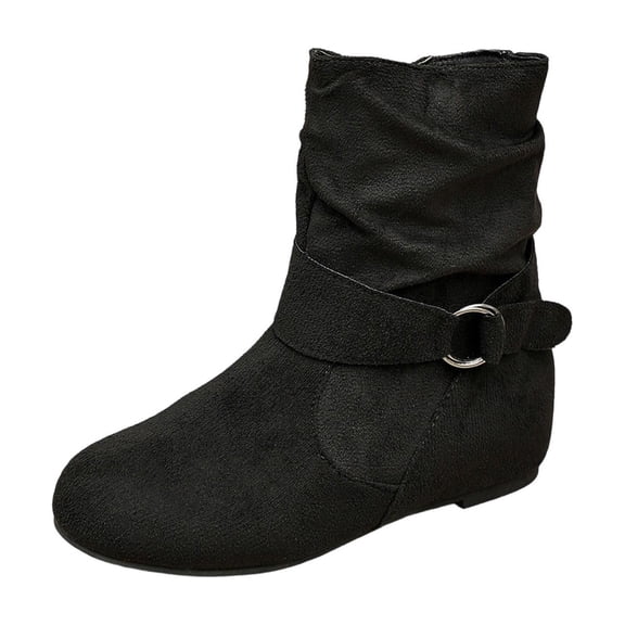 Abomasnow Women's Flock Slouch Mid‑Calf Boots Metal O‑Ring Buckle Strap Decor Round Toe Back Zipper Closure Flat Low‑Profile Casual Short Boots for Everyday Street Style