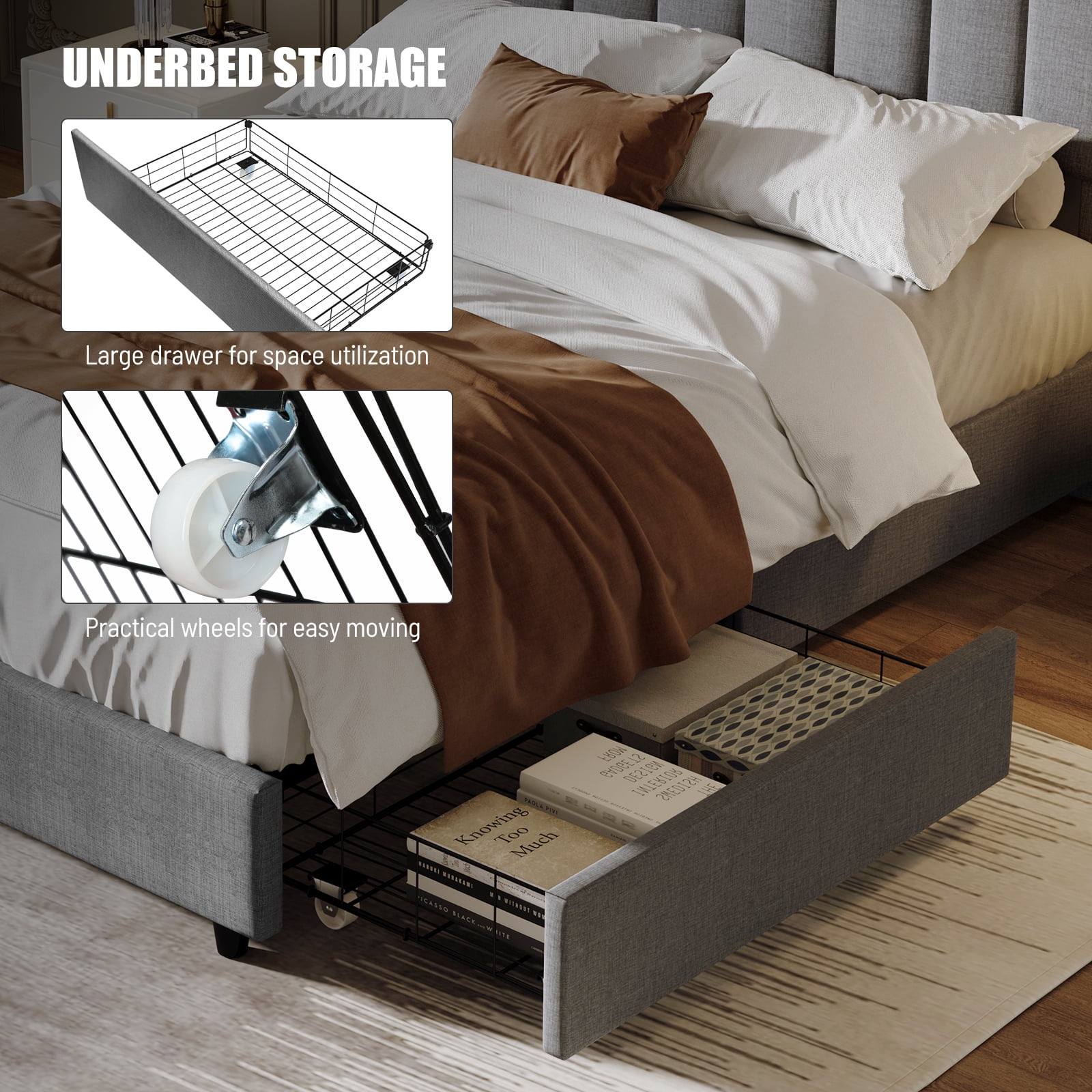 Euroco Upholstered Platform Bed with Soft Headboard, Queen Size, Gray
