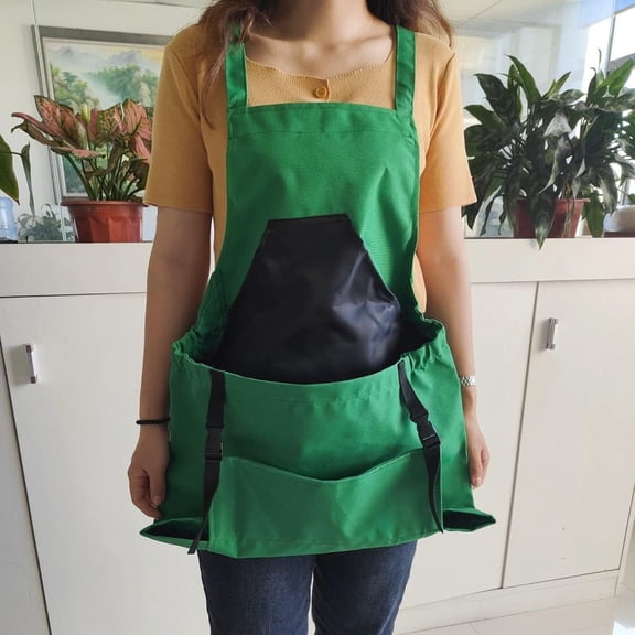 Outdoor Harvesting Large-Pocket Apron Cross Back Gardening Apron with Deep Kangaroo Release Pockets, Picking Large Pocket Vegetable Garden Gardening Green