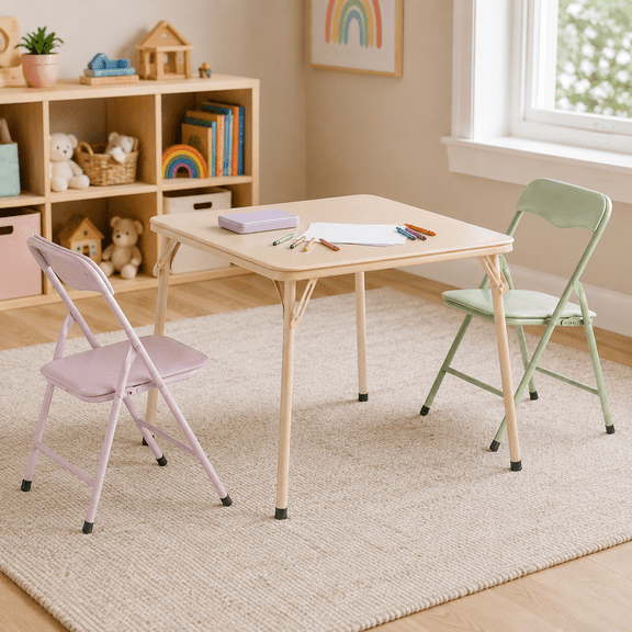 Homy Casa 3-Piece Kids Table and Chairs Set, Folding Activity Table for Toddlers Arts Crafts Playroom Preschool