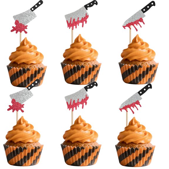 J.CARP 24Pcs Halloween Cupcake Toppers Glitter Scary Blood Knife Cake Insert Birthday Cake Toppers Halloween Blood Knife Theme Birthday Party Supplies